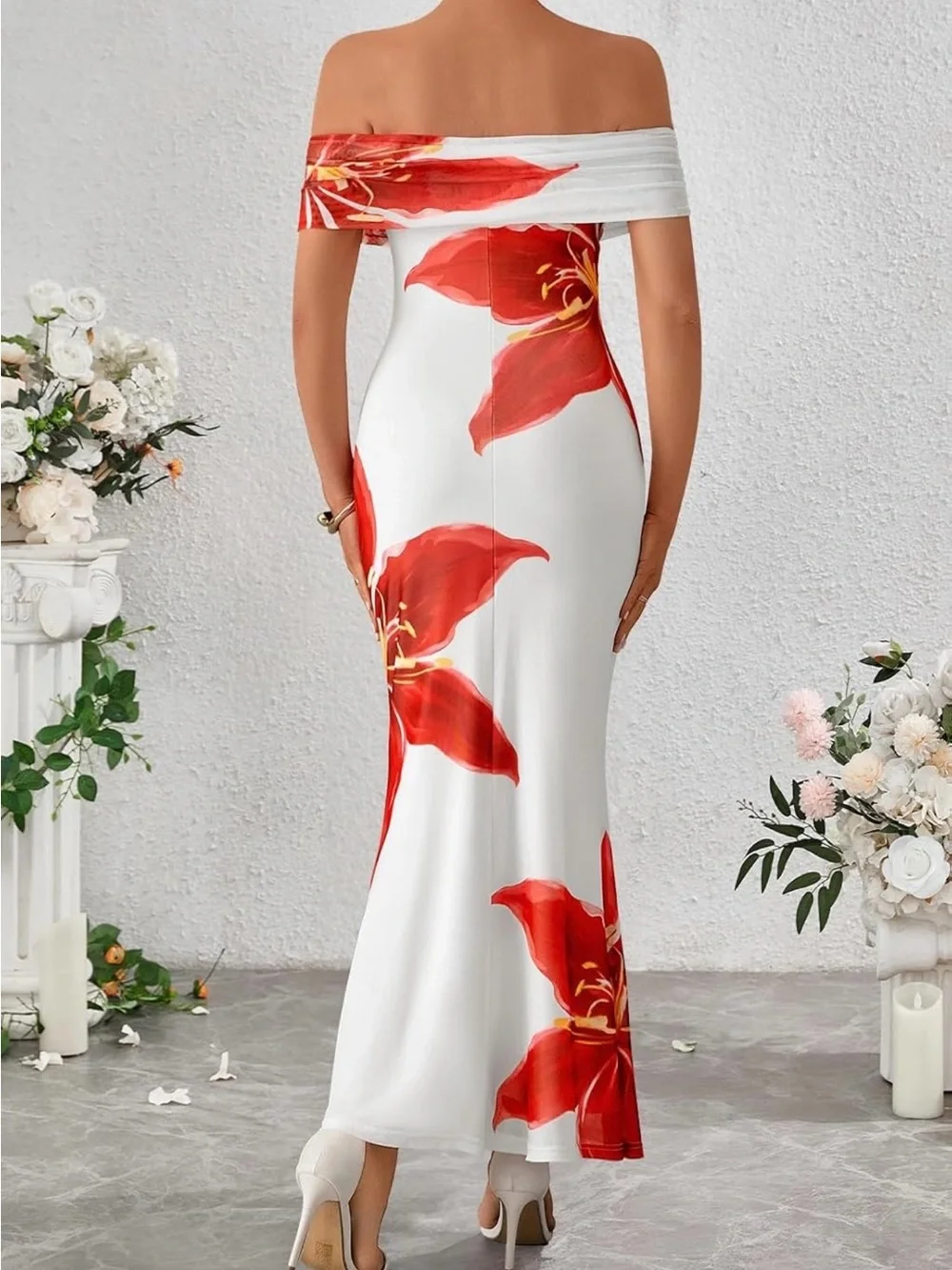 Elegant White Maxi Dress with Red Floral Print